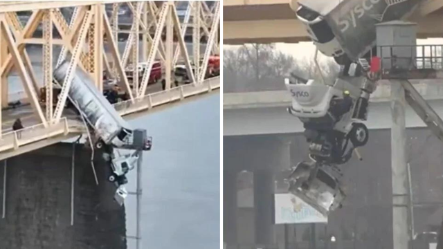 Nevjerojatna snimka iz SAD-a: Kamionom je probila zaštitnu ogradu mosta i ostala visjeti!