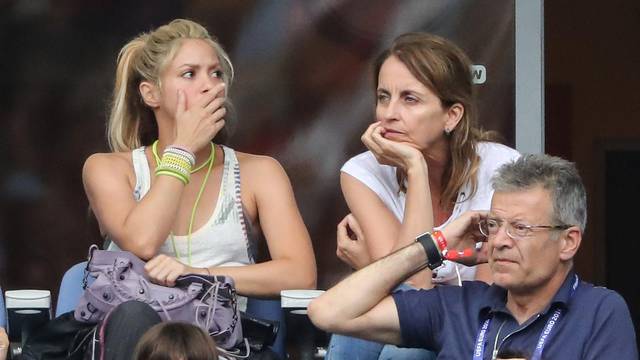 Shakira, wife of Gerard Pique and their two sons, Milan Pique Mebarak and Sasha Pique Mebarak at the match Italy v Spain in Paris