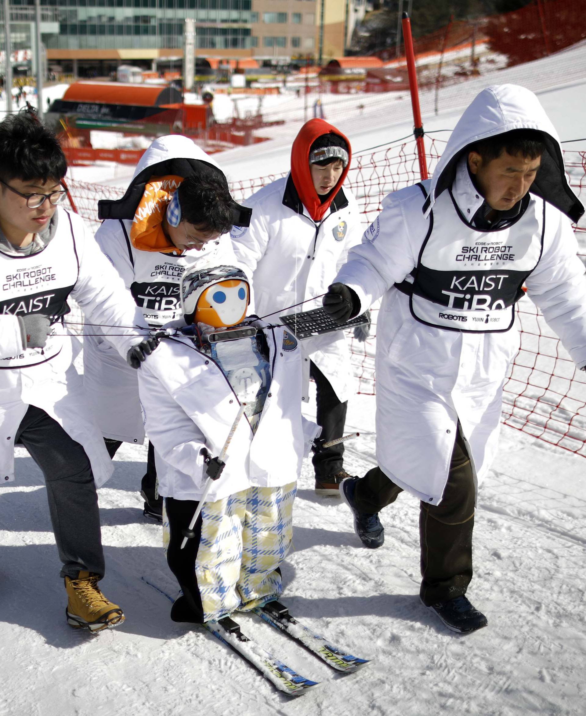 Robot TiBo takes part in the Ski Robot Challenge at a ski resort in Hoenseong