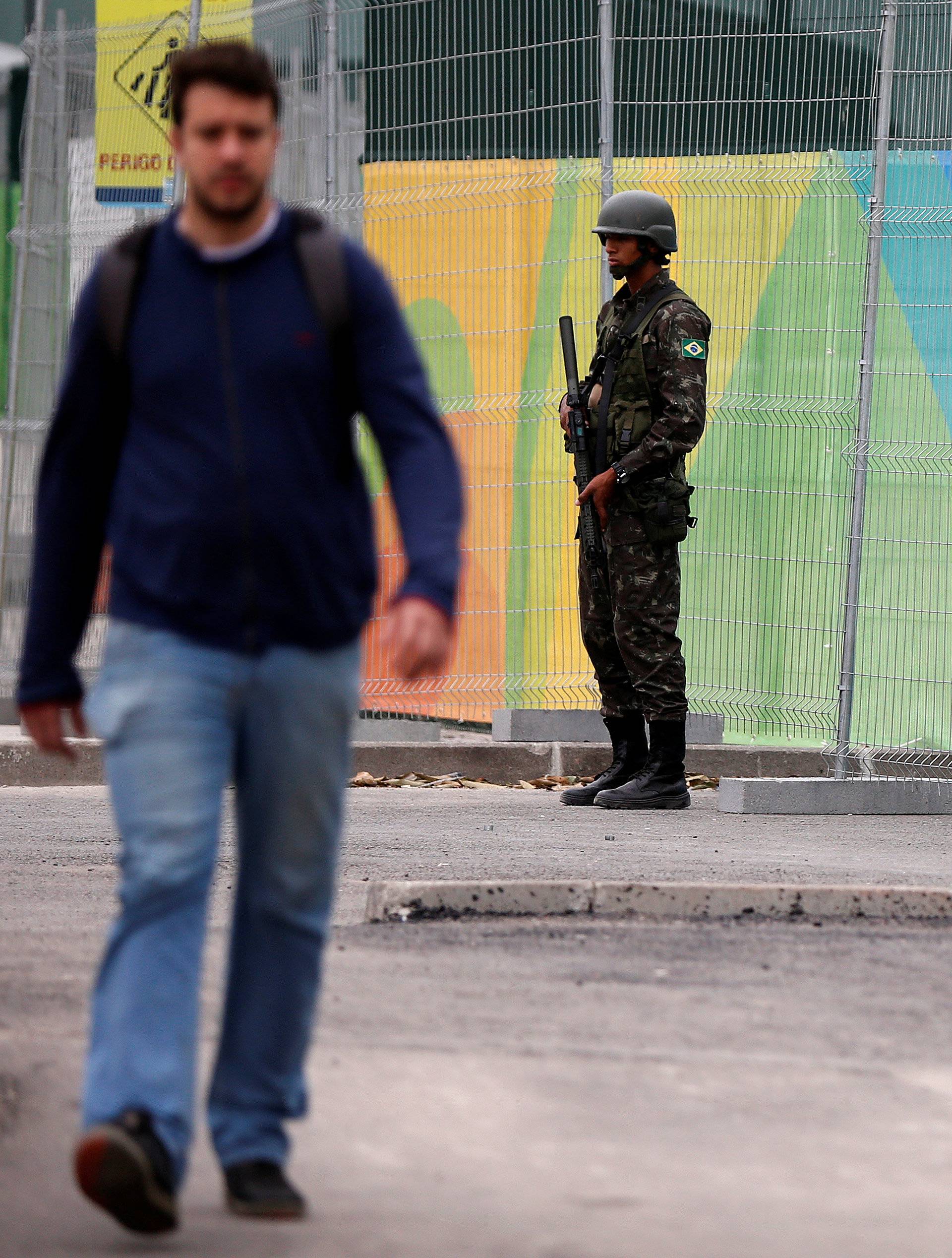 Soldiers of the Brazilian Armed Forces stand guard outside the 2016 Rio Olympics Park in Rio de Janeiro