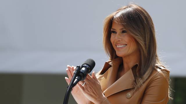 Melania Trump delivers remarks at the "launch of her initiatives" as first lady at the White House in Washington