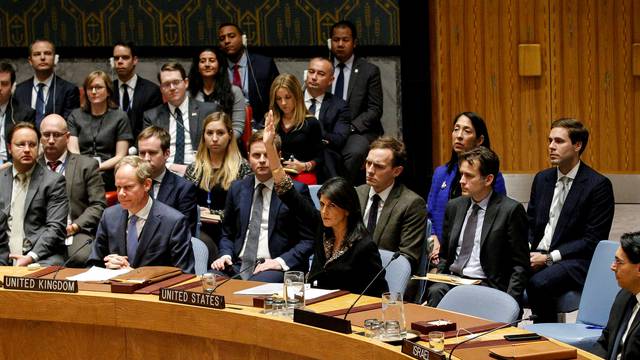 U.S. Ambassador to the United Nations Nikki Haley vetos an Egyptian-drafted resolution regarding recent decisions concerning the status of Jerusalem, during the United Nations Security Council meeting in New York