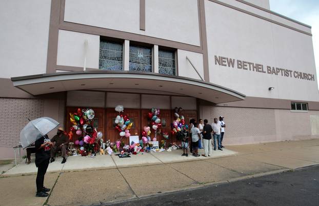 A memorial in memory of singer Aretha Franklin is seen outside New Bethel Baptist Church in Detroit