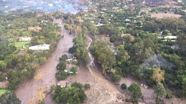 An aerial view from a Ventura County Sheriff helicopter shows a site damaged by mudslide in Montecito, California