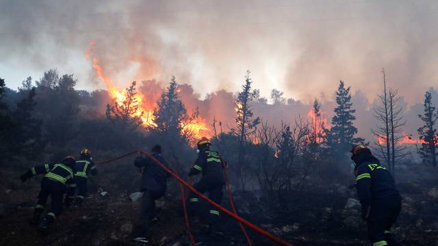 Firefighters and volunteers try to extinguish a wildfire burning near Vari, south of Athens