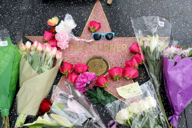 The star of late singer Tina Turner is adorned with flowers on the Hollywood Walk of Fame in Los Angeles