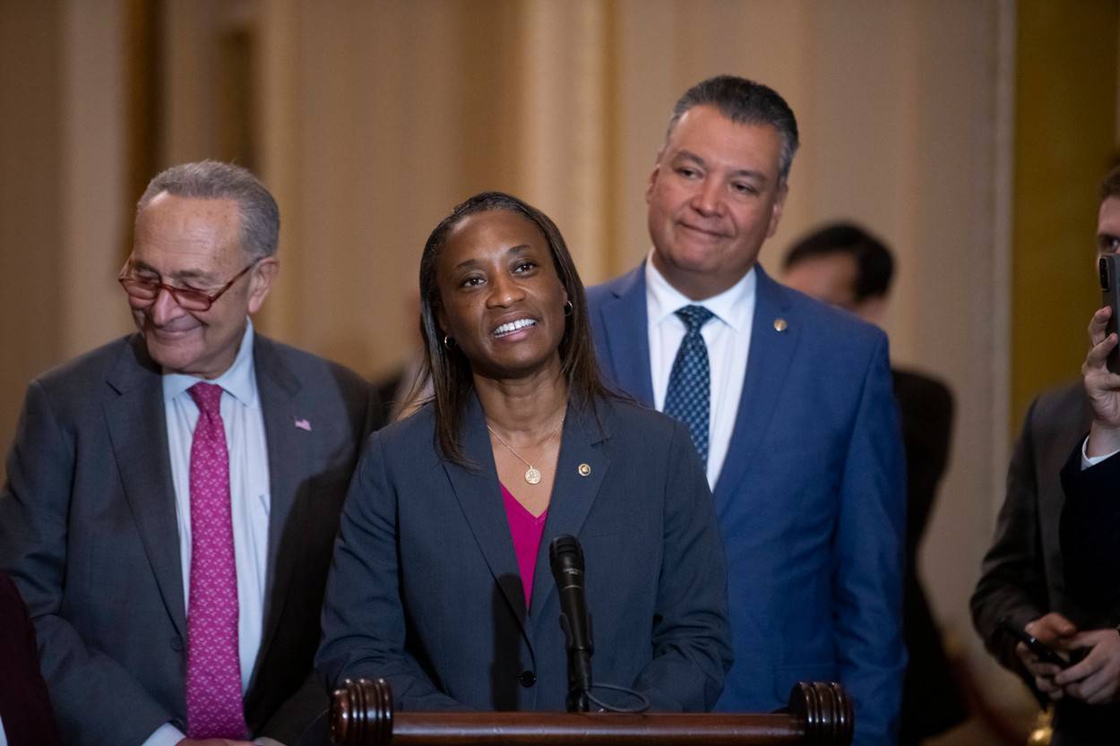 United States Senator Laphonza Butler (Democrat of California), center, is joined by United States Senate Majority Leade