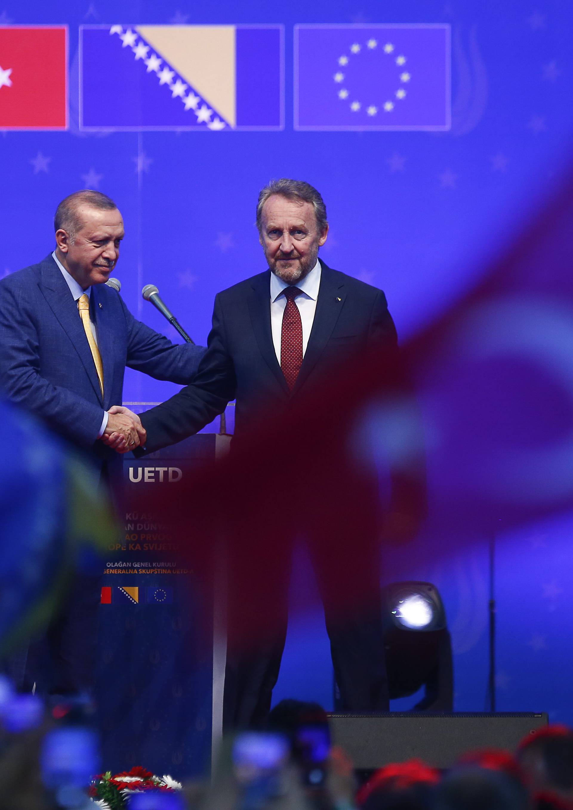 Turkish President Erdogan and Chairman of the Tripartite Presidency of Bosnia and Herzegovina Izetbegovic attend a pre-election rally in Sarajevo
