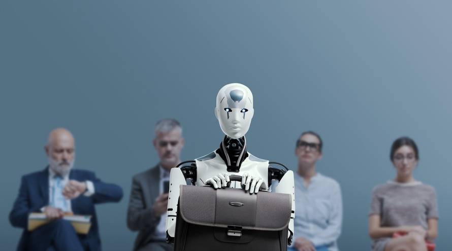 Business,People,And,Humanoid,Ai,Robot,Sitting,And,Waiting,For