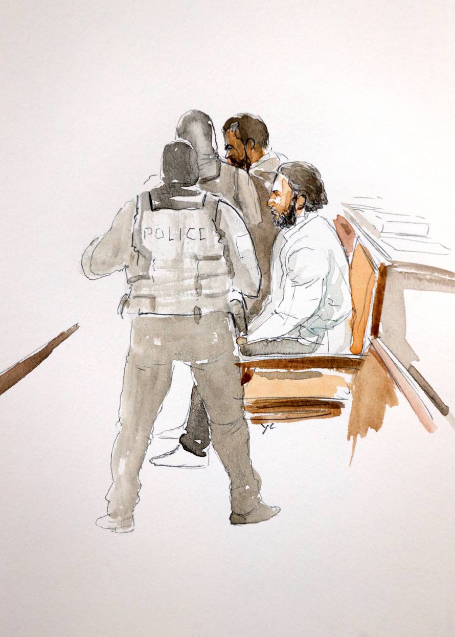 A court artist drawing shows Salah Abdeslam, one of the suspects in the 2015 Islamic State attacks in Paris, in court during his trial in Brussels