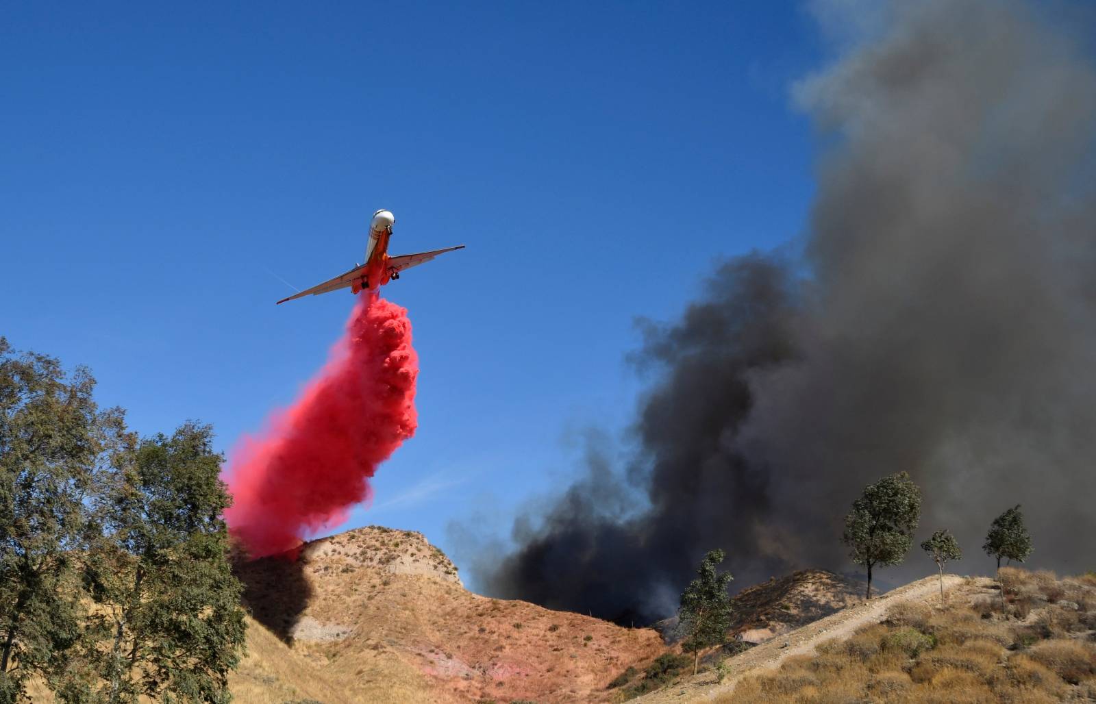A wind driven wildfire in the hills of Canyon Country north of Los Angeles, California