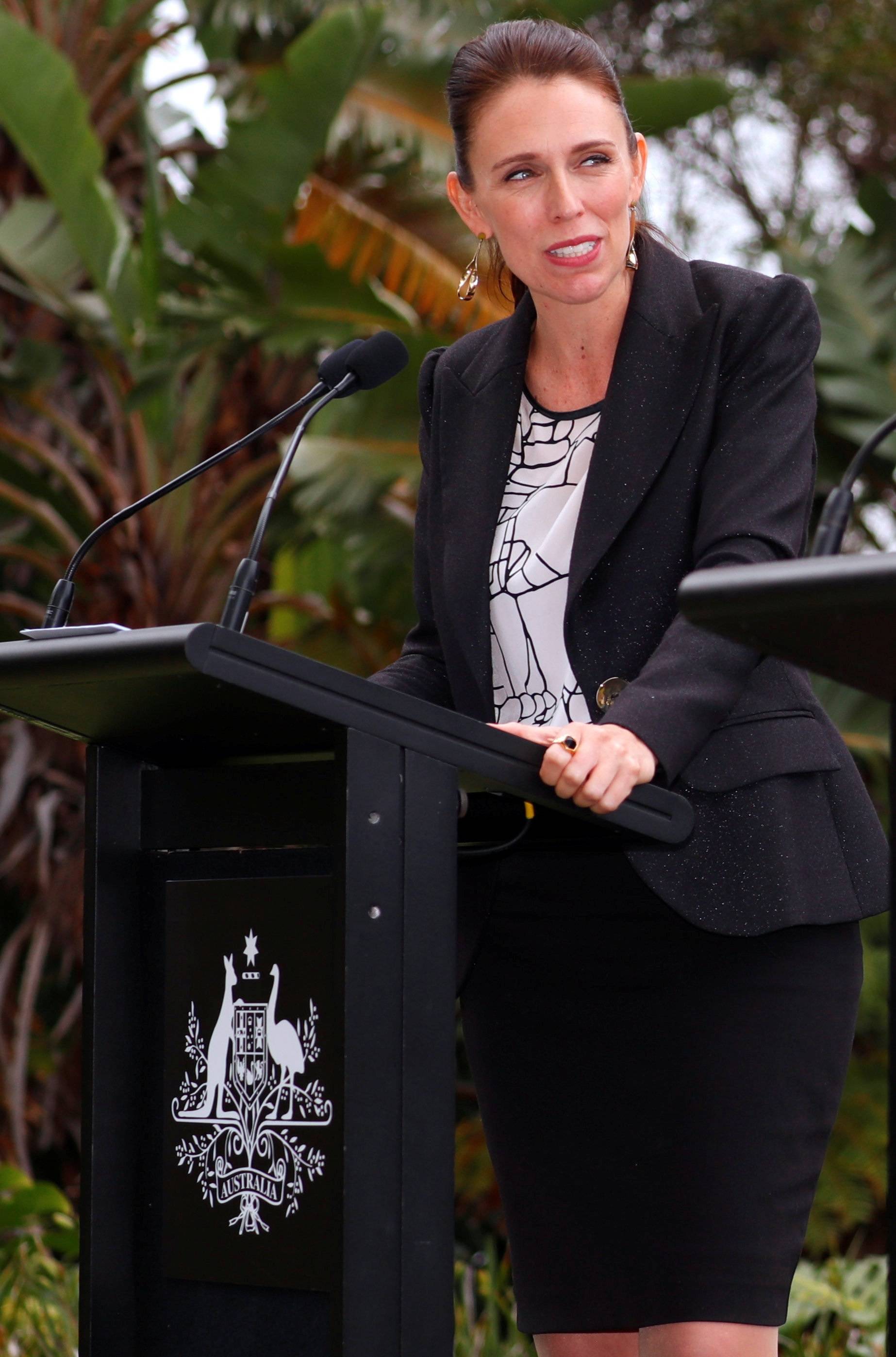 New Zealand Prime Minister Jacinda Ardern reacts during a joint press conference with Australia's Prime Minister Malcolm Turnbull after their bilateral discussions on economic and security issues in Sydney