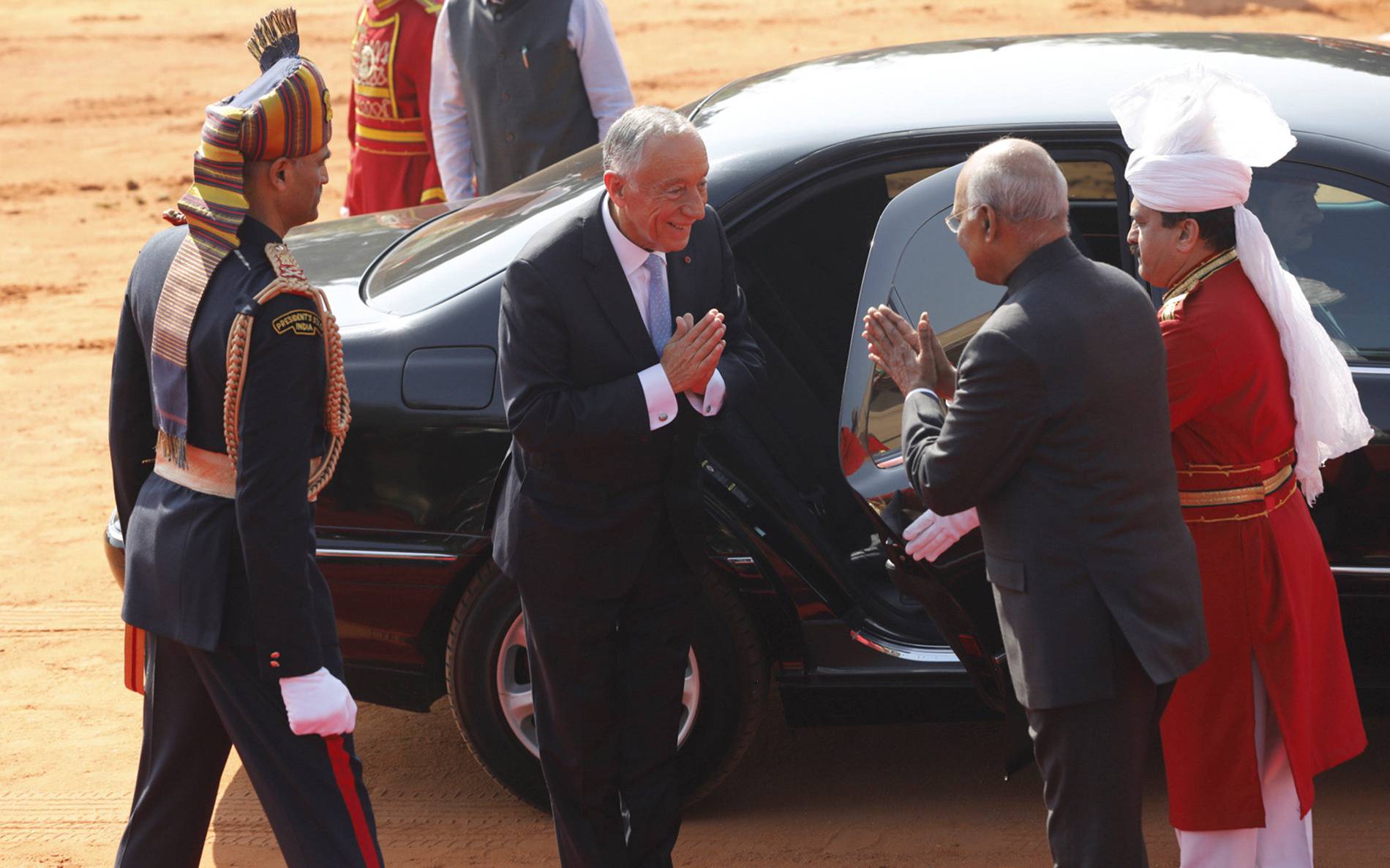 Portugal's President Marcelo Rebelo de Sousa greets his Indian counterpart Ram Nath Kovind as he arrives for ceremonial reception at the forecourt of India's Rashtrapati Bhavan Presidential Palace in New Delhi