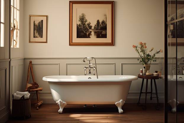 A traditional bathroom featuring a bathtub and a pitcher of water.