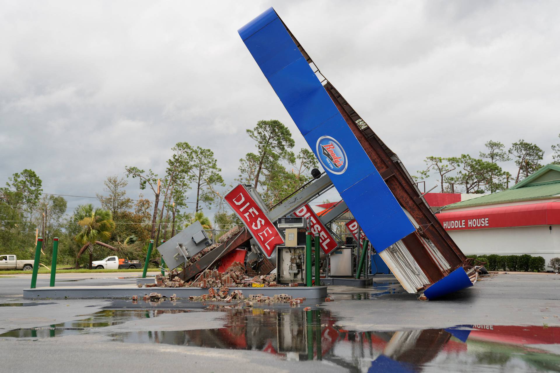 View shows a gas station destroyed after the arrival of Hurricane Idalia in Perry, Florida