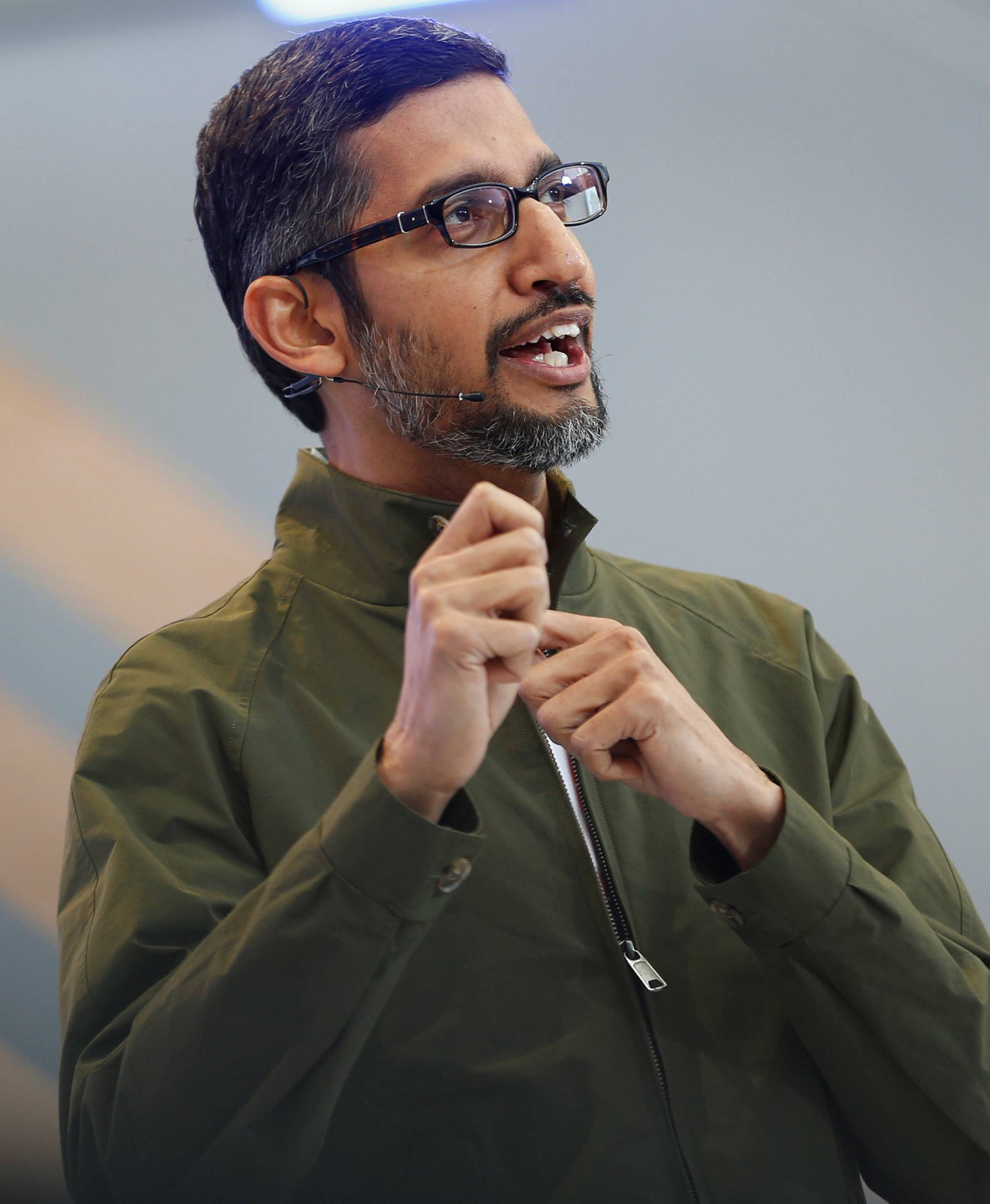 Google CEO Sundar Pichai speaks on stage during the annual Google I/O developers conference in Mountain View, California