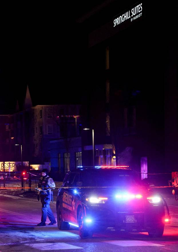Protest outside the hotel where Bovino, who has been removed from his role, is reportedly staying, in Maple Grove