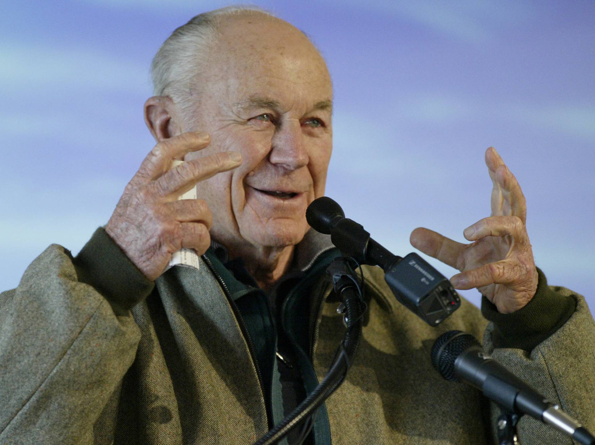 FILE PHOTO: General Chuck Yeager speaks to a crowd in Kill Devil Hills