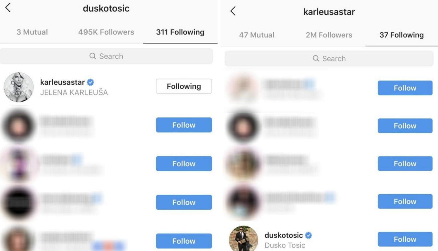 'Instagram pomirba': Karleuša i Tošić opet prate jedno drugo