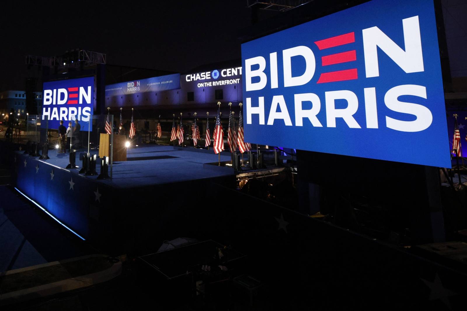 The stage is set at the election rally site for Democratic U.S. presidential nominee Joe Biden in Wilmington