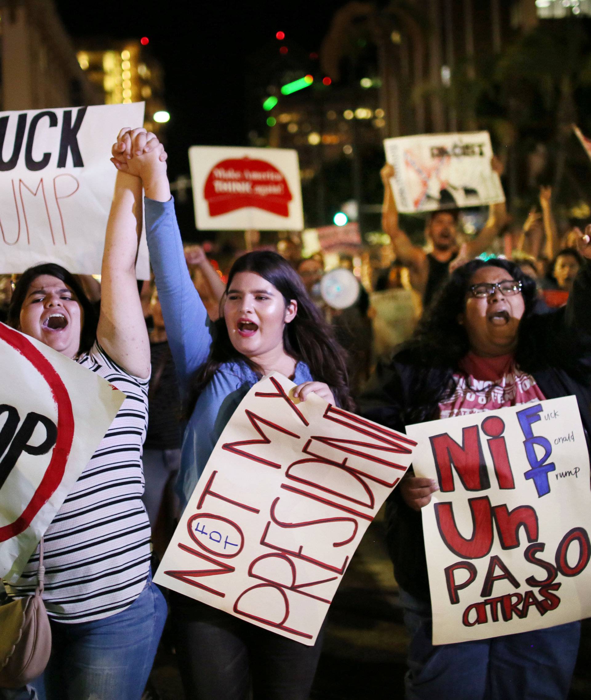 Demonstrators walk through Downtown San Diego in protest to the election of Republican Donald Trump as the president of the United States in San Diego