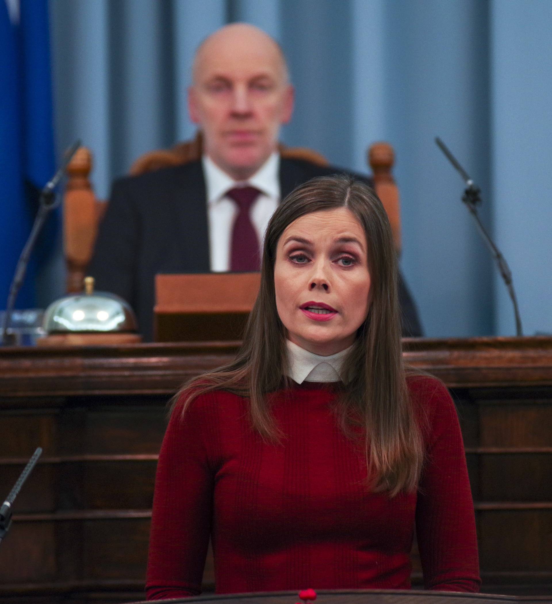Iceland's Prime Minister Jakobsdottir delivers a speech at the first session of a newly elected Parliament in Reykjavik