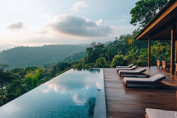 Luxury villa with infinity pool overlooks lush forest landscape during sunset