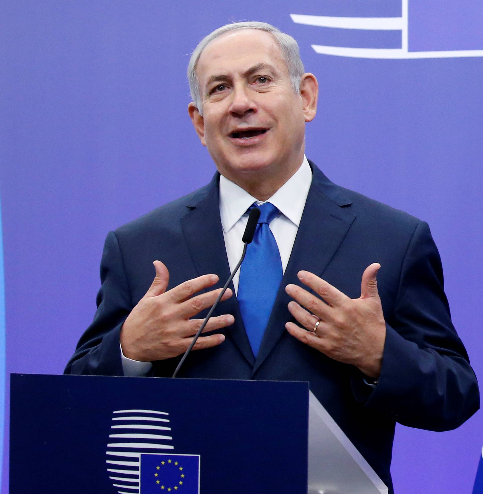 Israel's PM Netanyahu briefs the media in Brussels