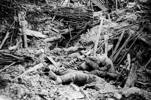 Smashed up German trench on Messines Ridge with dead soldiers, Battle of Ypres, Belgium, World War One