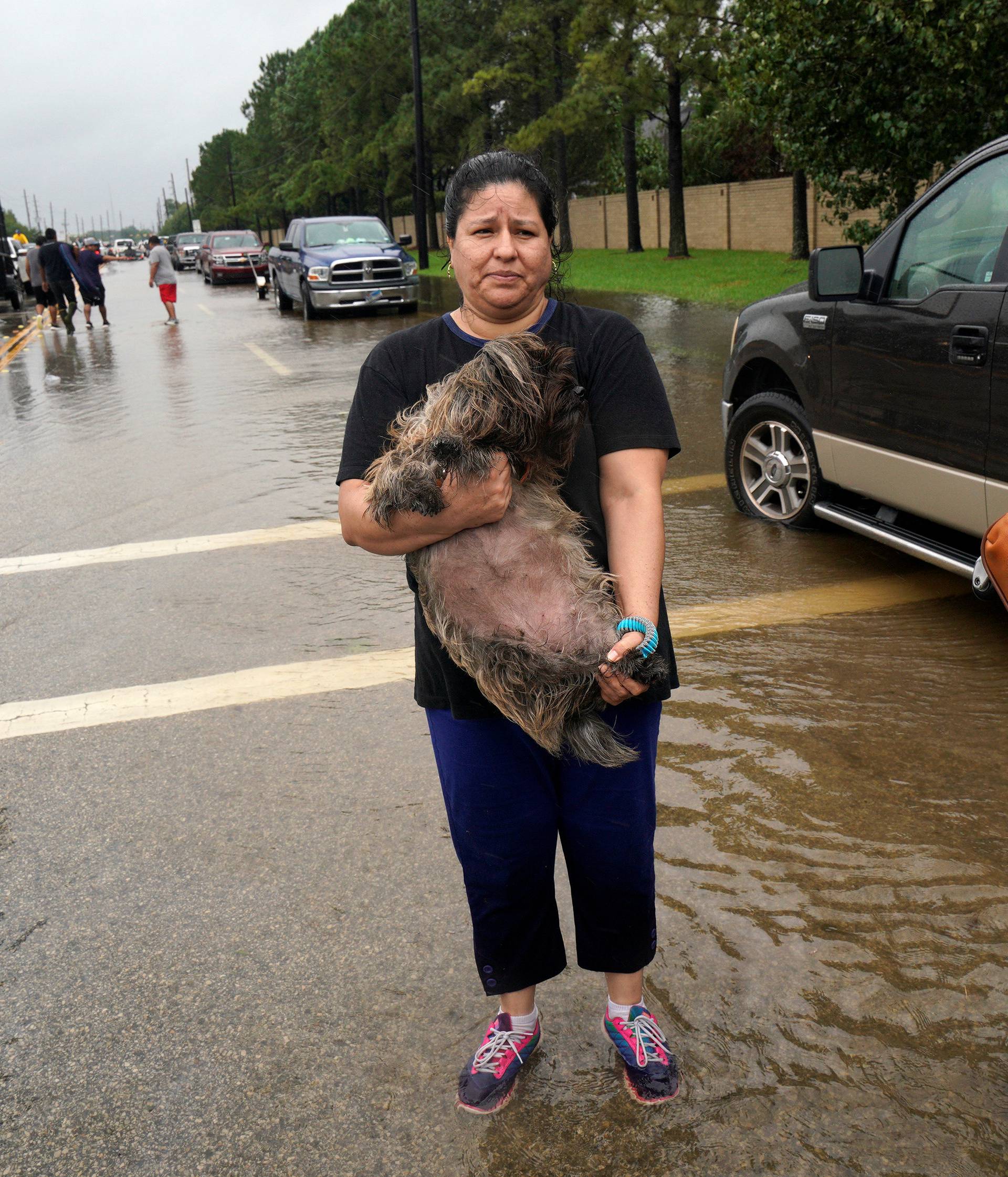 A woman holds her dog after being evacuated by boat from the Hurricane Harvey floodwaters in Houston