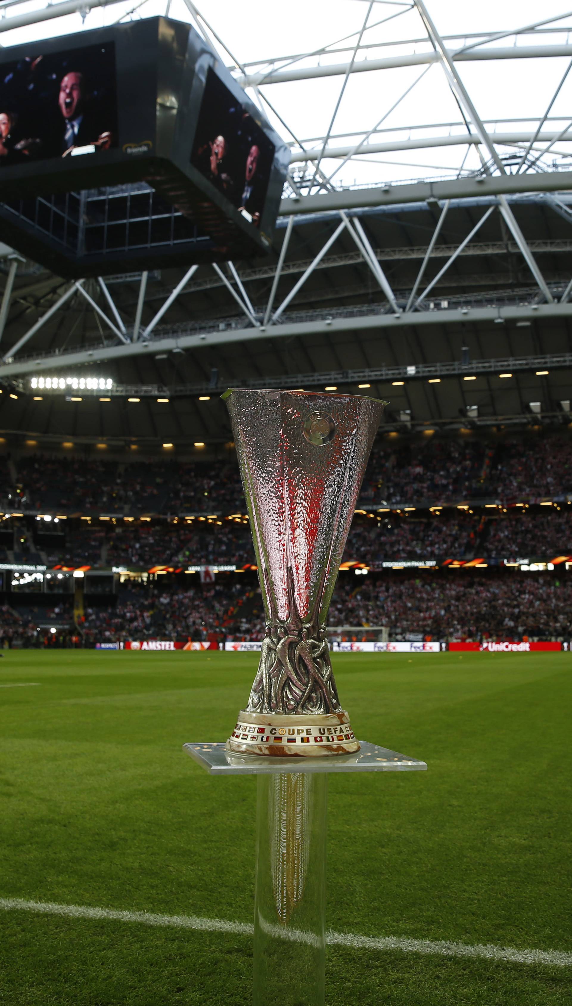 Europa League trophy pitchside before the match