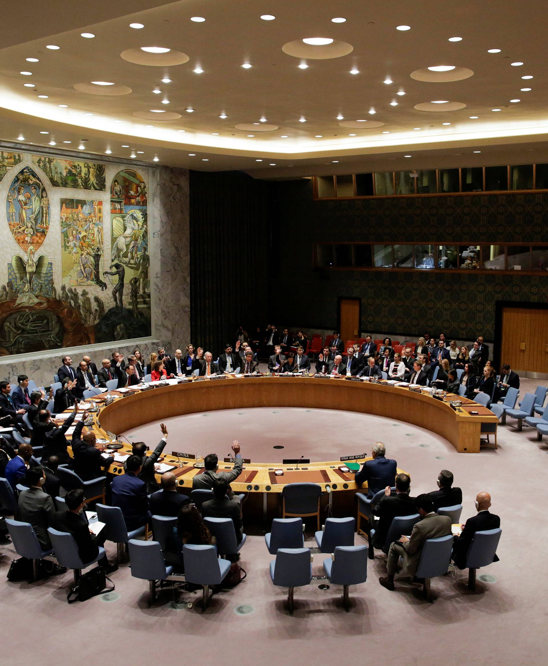 Members of the United Nations Security Council vote for ceasefire to Syrian bombing in eastern Ghouta, at the United Nations headquarters in New York