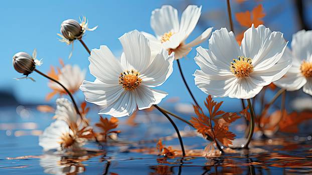 Detail with shallow focus of white anemone flower with yellow stamens and butterfly in nature macro on background of blue sky with beautiful bokeh. Floral flower illustration. Generative AI