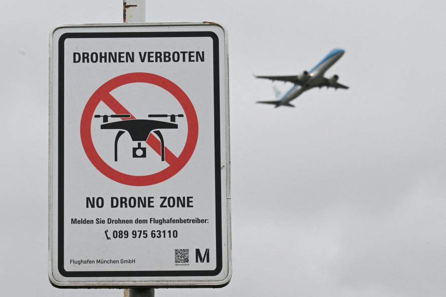 FILE PHOTO: Drone ban notice at the Munich airport
