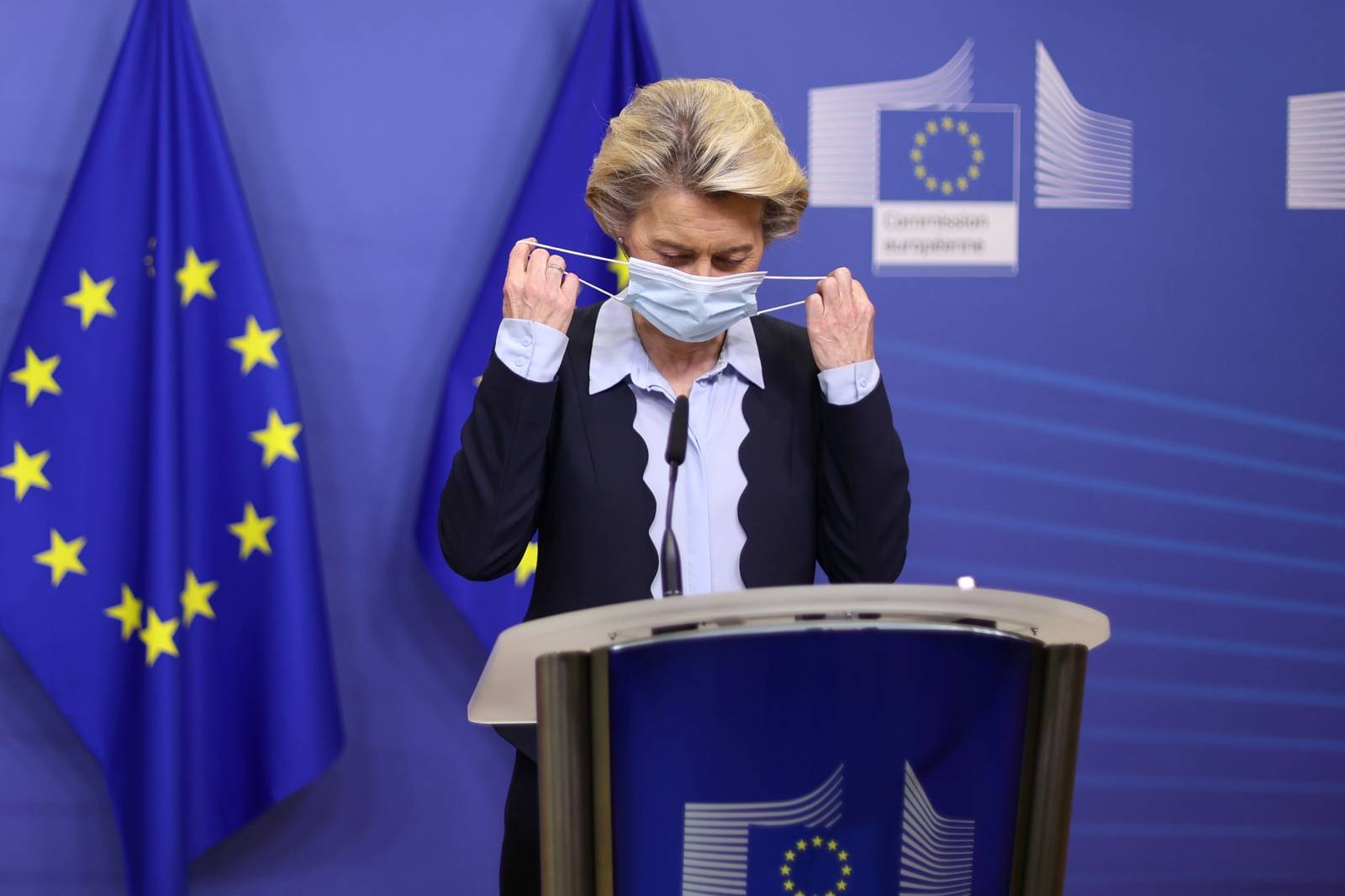 European Commission President Ursula von der Leyen gives a press conference at the European headquarters in Brussel