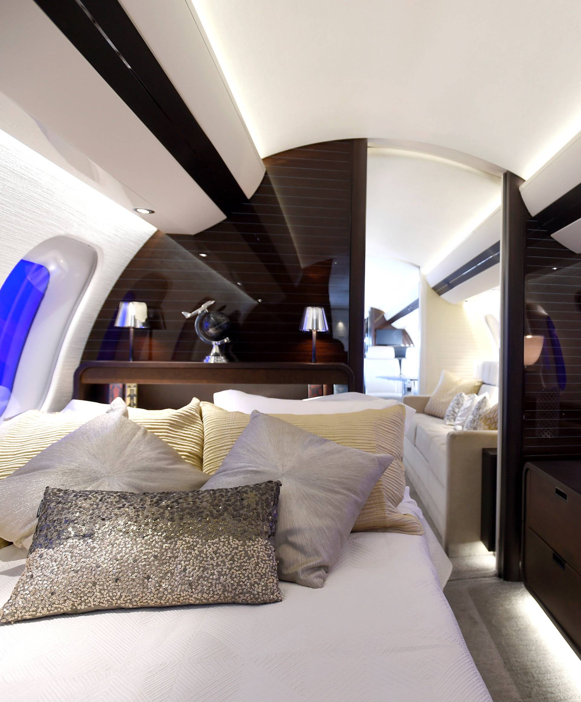 An interior view of a mock-up Bombardier Global 7000 business jet is seen during the National Business Aviation Association at the Henderson Executive Airport in Henderson