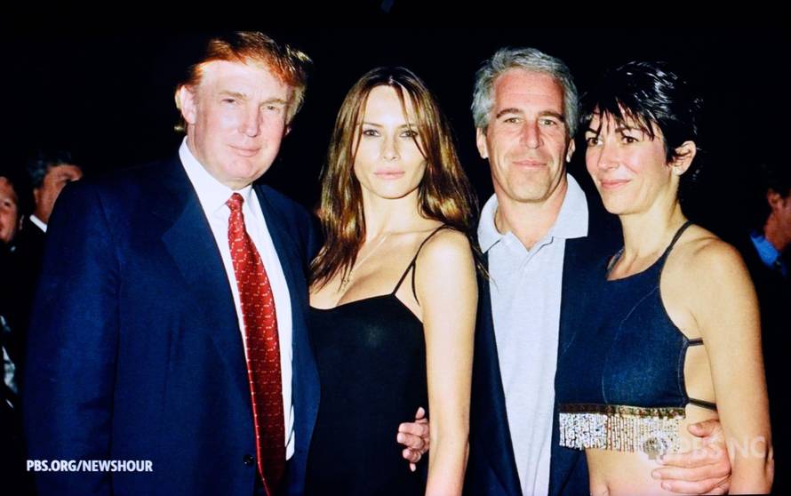 A PBS News Hour screenshot of a photograph showing U.S. President Donald Trump socializing with accused pedaphile Jeffrey Epstein.