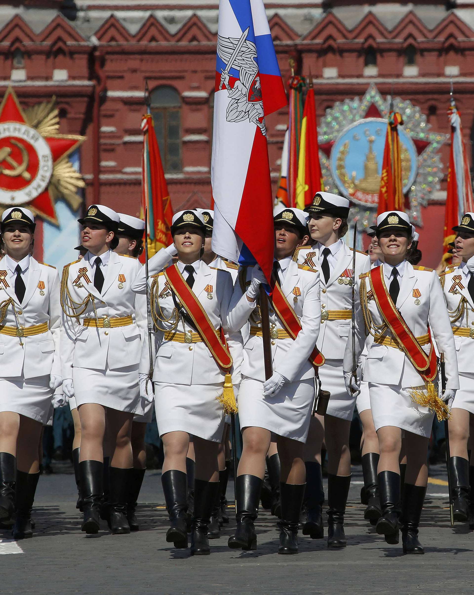 Russian servicewomen march during the Victory Day parade, marking the 71st anniversary of the victory over Nazi Germany in World War Two, at Red Square in Moscow