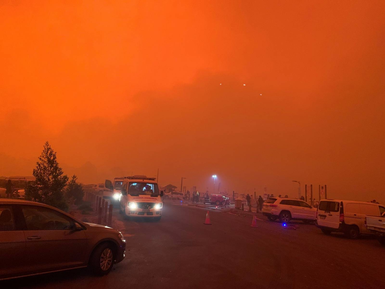 The sky glows red as bushfires continue to rage in Mallacoota, Victoria, Australia