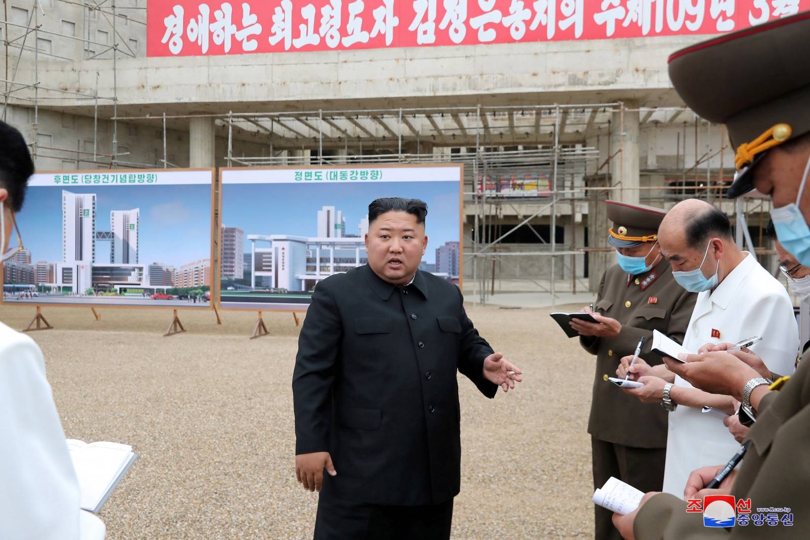 North Korean leader Kim Jong Un gives field guidance to the Pyongyang General Hospital under construction