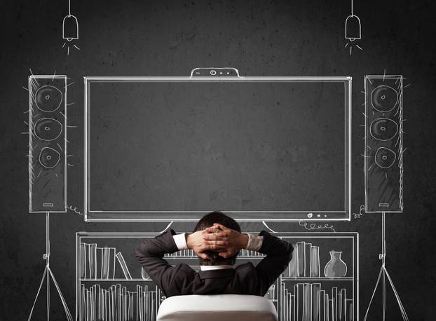 Young,Businessman,Sitting,And,Enjoying,Home,Cinema,System,Sketched,On