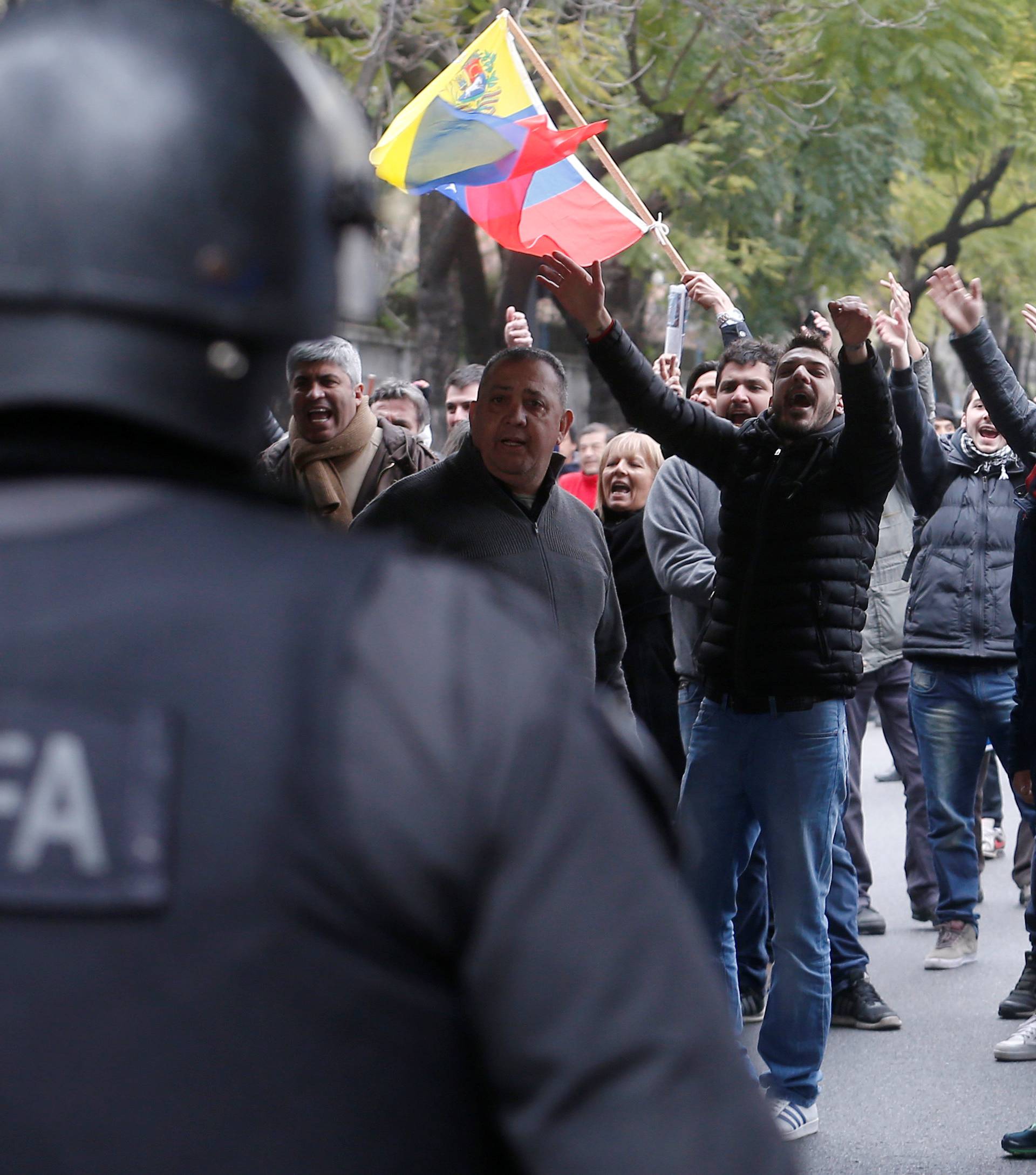 Demonstrators gather near Venezuela's Embassy in Argentina in support of Venezuela's President Nicolas Maduro, in Buenos Aires