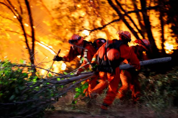 Inmate firefighters move brush away from homes at the River Fire near Grass Valley