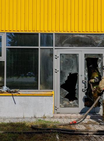 Hypermarket destroyed by fire following drone strike in Donetsk