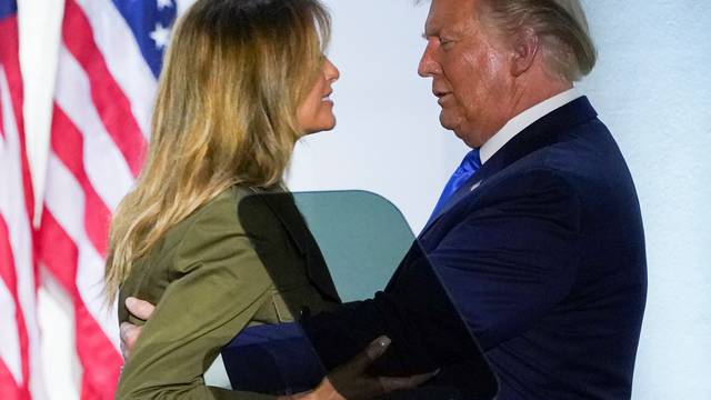 U.S. first lady Melania Trump is greeted by U.S. President Donald Trump after delivering a live address to the 2020 Republican National Convention from the White House in Washington