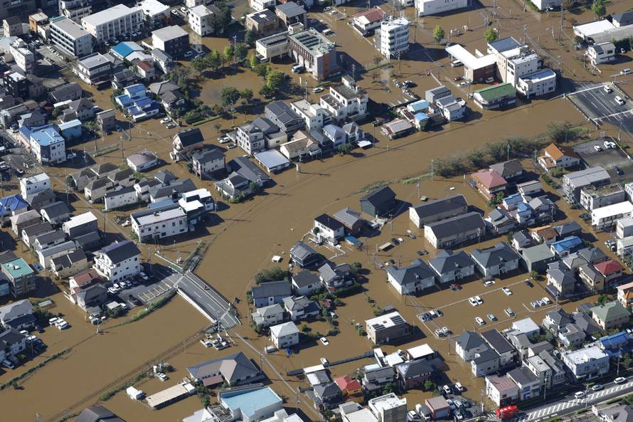 An aerial view shows a residential area flooded due to heavy rain caused by Typhoon Dujuan in Sakura, Japan
