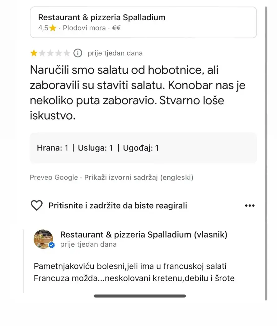 Ugostitelj iz Dalmacije  žestoko vrijeđao goste: 'Dijete povraća od pomisli da ste mu vi roditelji'