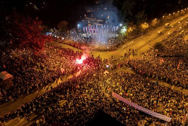 Demonstrators protest to mark the first anniversary of the fatal November 2024 Novi Sad railway station canopy collapse, in Novi Sad