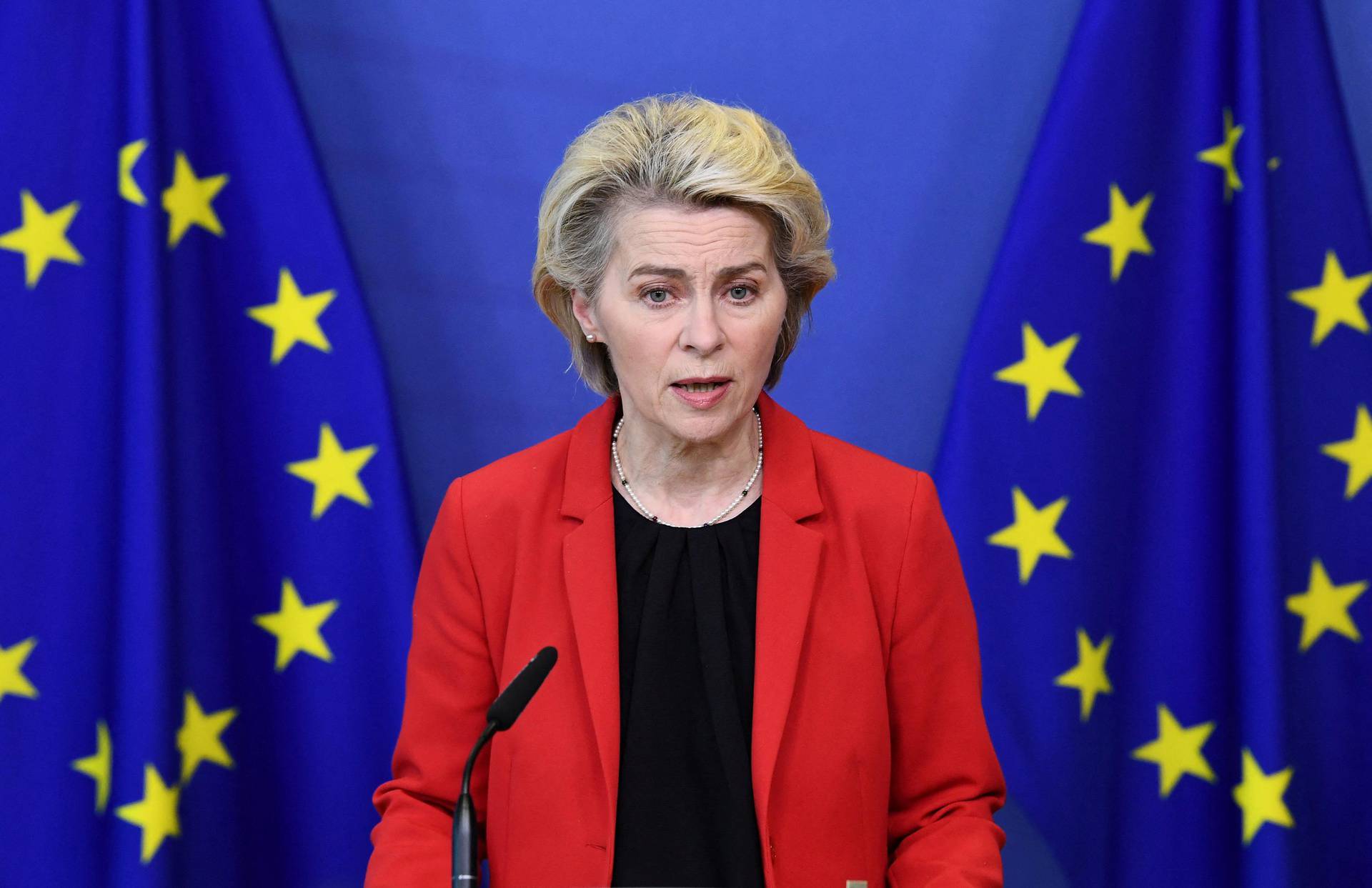 European Commission President Ursula von der Leyen gives a statement on Ukraine in Brussels