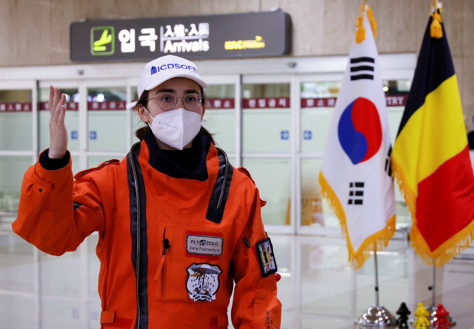 Belgian-British pilot Zara Rutherford, 19, gestures during an interview with Reuters after landing at Gimpo International airport in Seoul